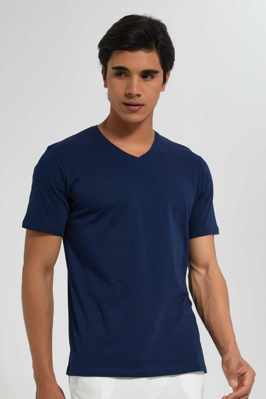 Redtag-Navy-V-Neck-Basic-T-Shirt-V-Neck-Tees-Men's-