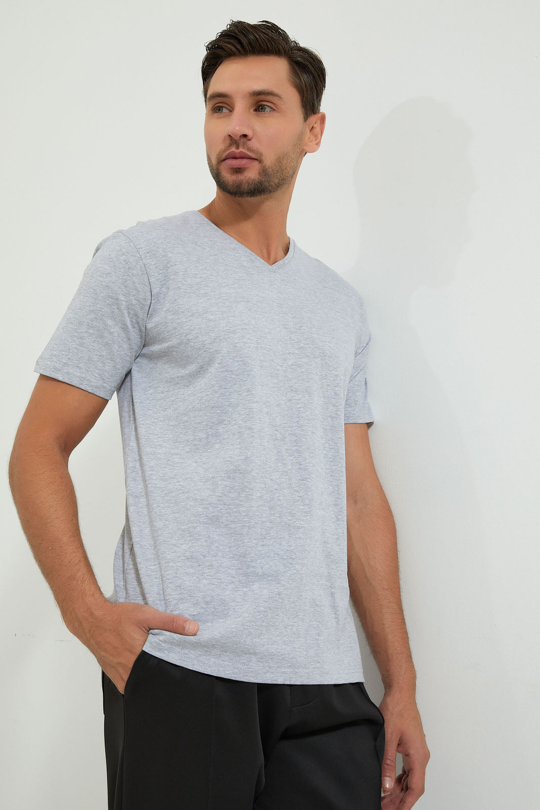 Grey Plain V-Neck T-Shirt - REDTAG