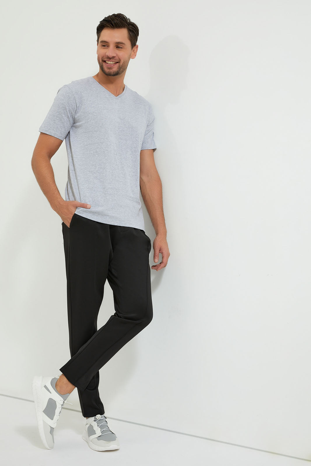 Grey Plain V-Neck T-Shirt - REDTAG