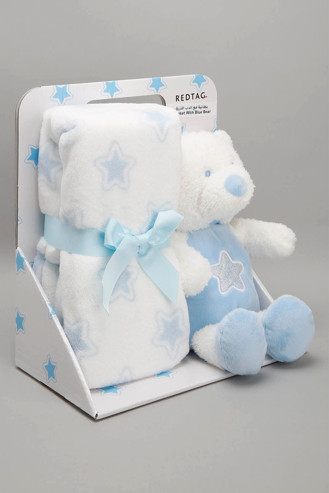 White/Blue Baby Blanket With Toy Bear - REDTAG