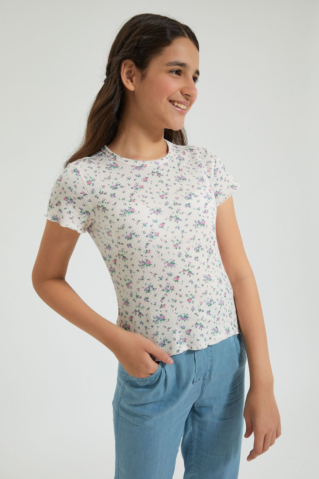 Ivory/Pink Floral Print Jacquard T-Shirt
