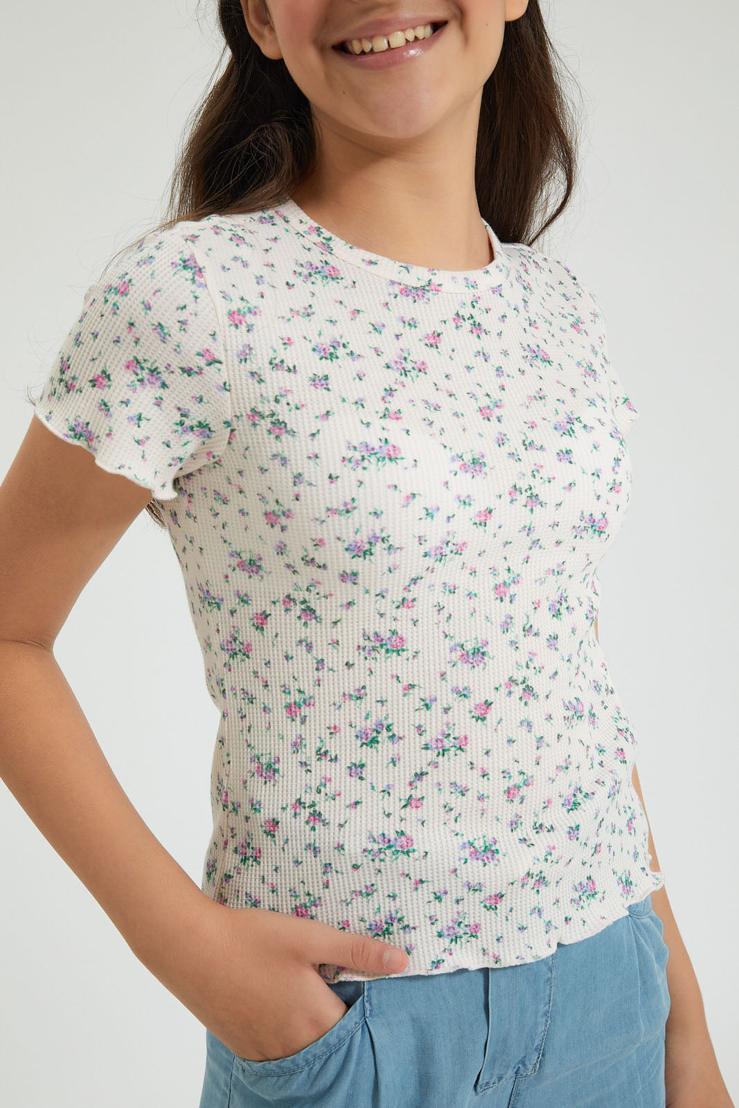 Ivory/Pink Floral Print Jacquard T-Shirt