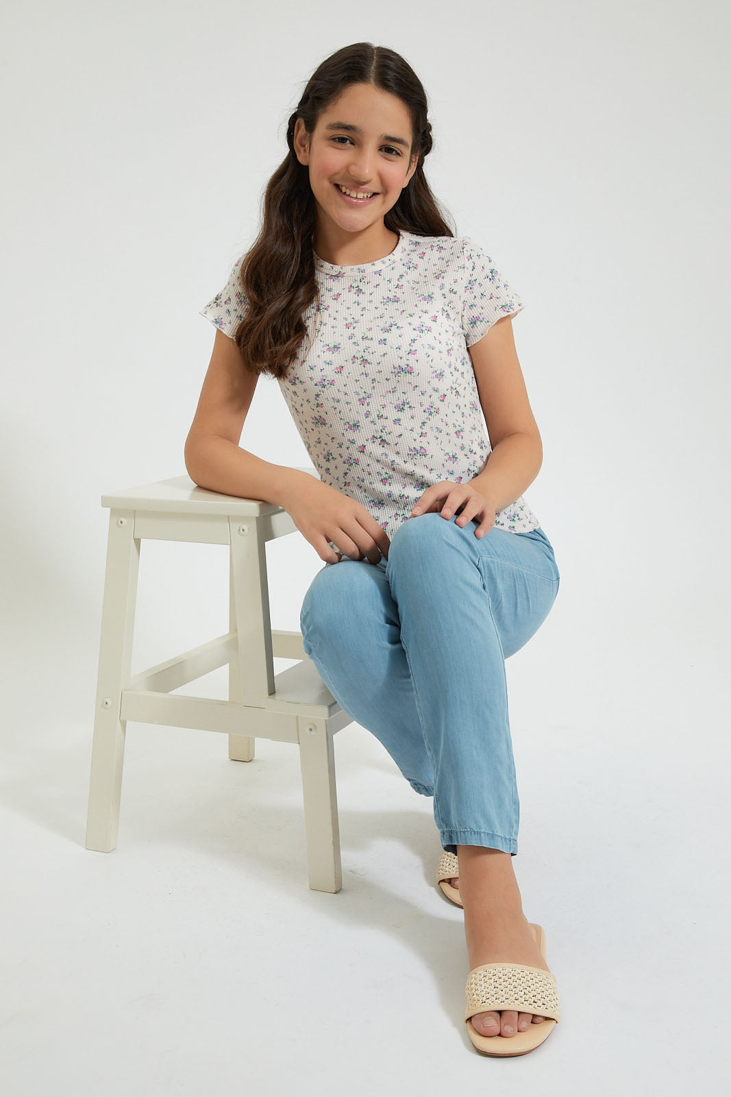Ivory/Pink Floral Print Jacquard T-Shirt