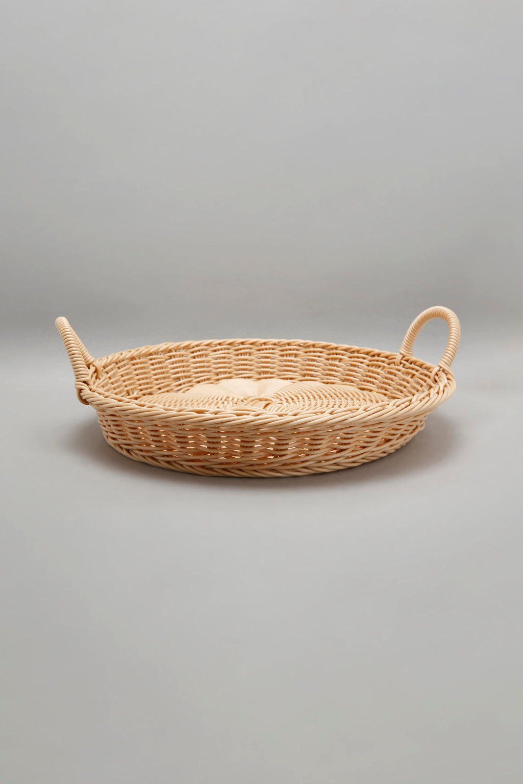 Beige Round Woven Basket With Handle