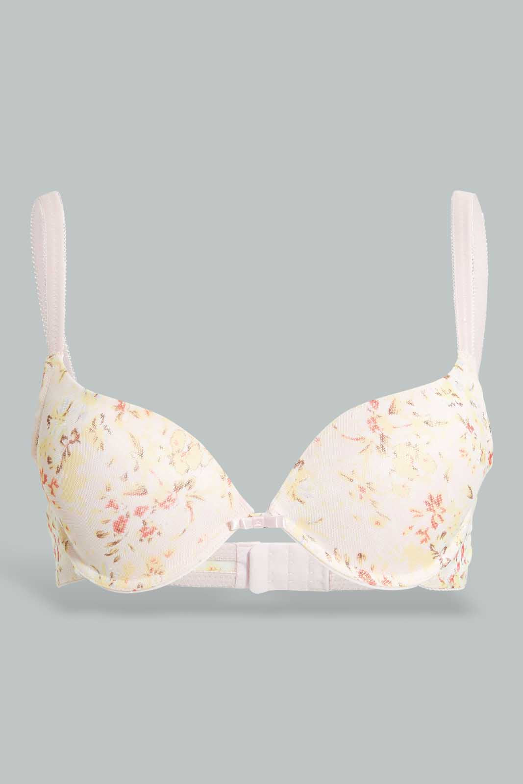 Redtag-Peach-Floral-Printed/Blue/Pale-Yellow-Plain-Plunge-Bra-(3-Pack)-Plunge-Bras-Women's-