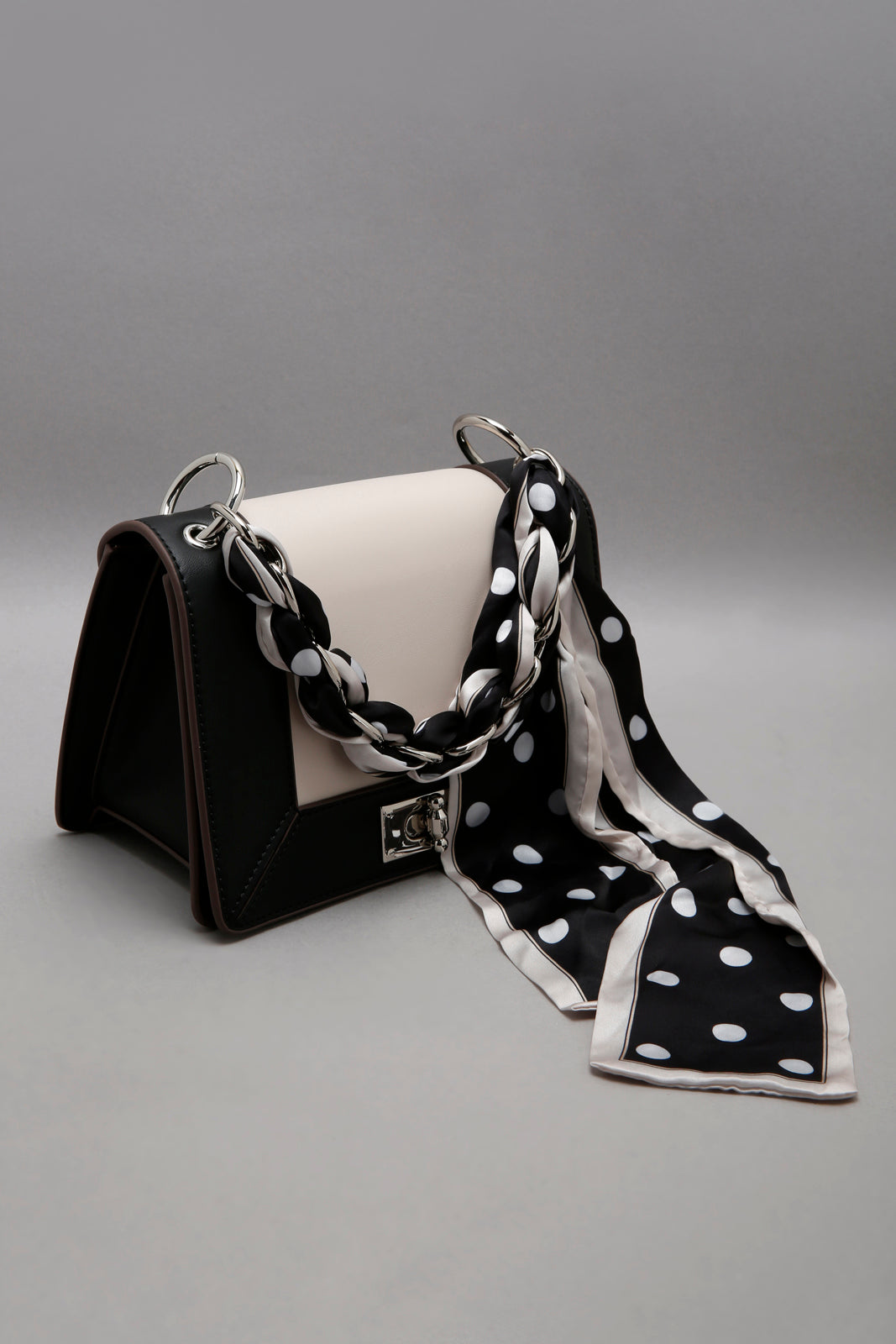 Black/Beige Cross Body Bag With Scarf