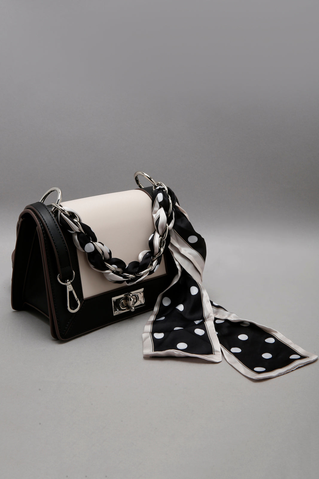 Black/Beige Cross Body Bag With Scarf