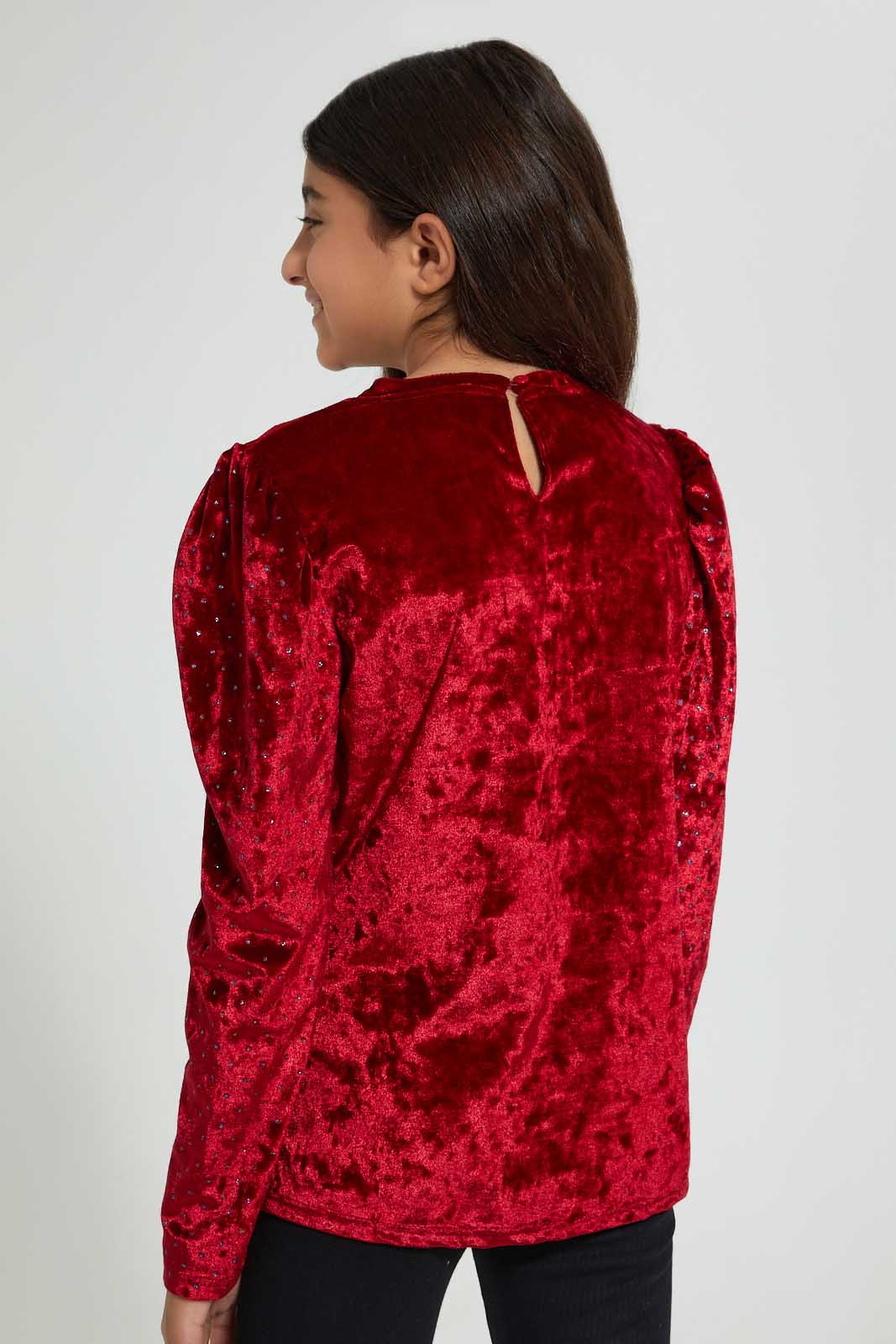 Redtag-Red-Velvet-Top-With-Lurex-Sleeve-Blouses-Senior-Girls-9 to 14 Years