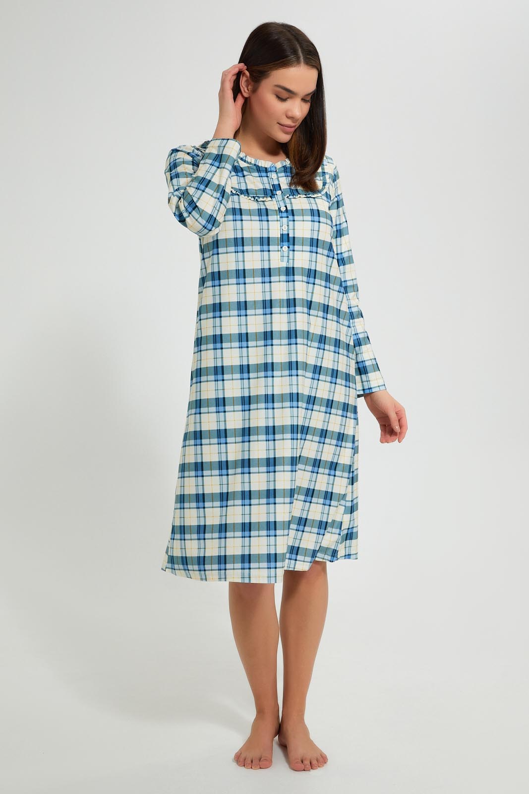 Redtag-White/Blue-Flannel-Yarn-Dyed-Nightgown-Nightgowns-Women's-0