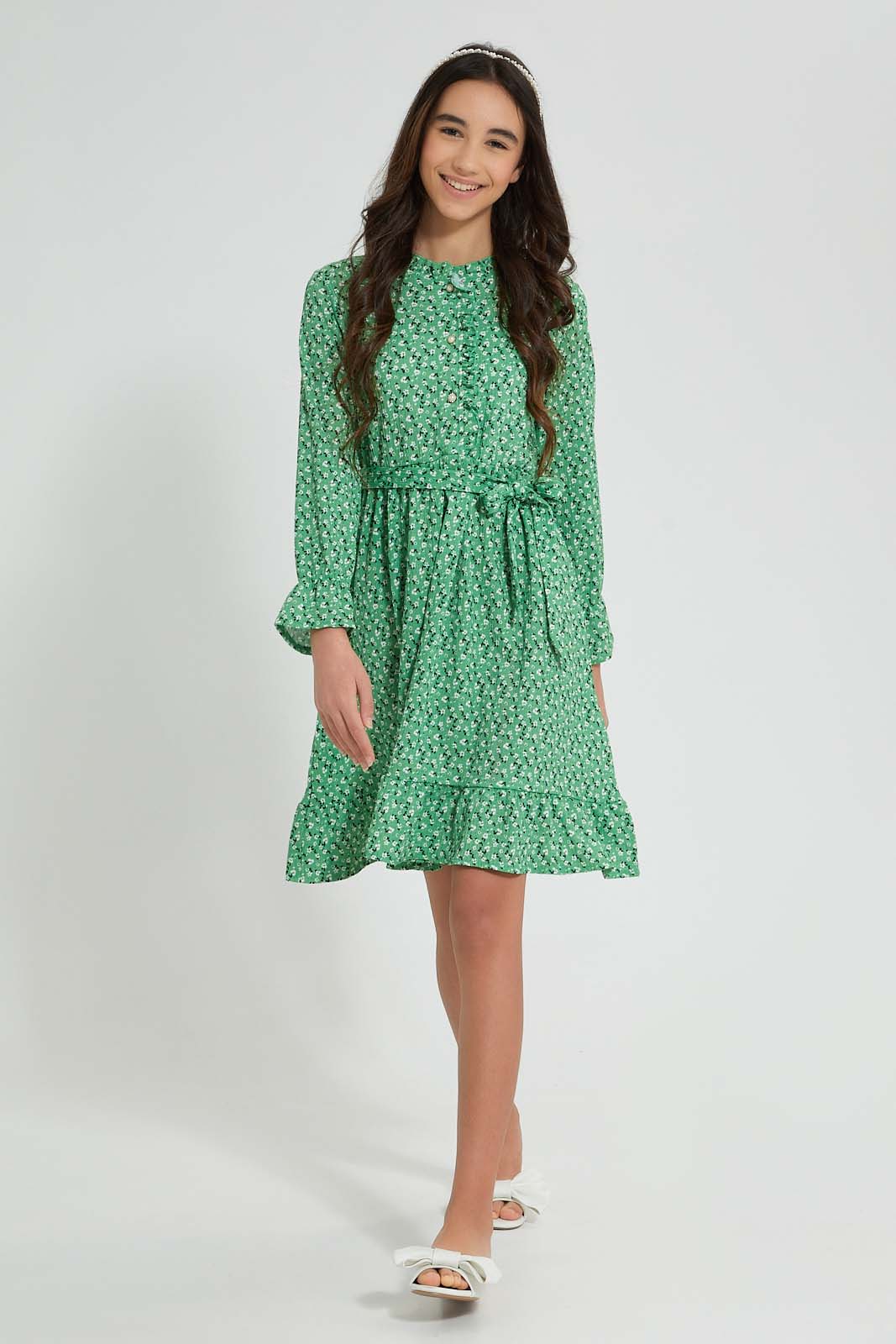 Redtag-Pink-Floral-Ditsy-Print-3/4-Sleeve-Ruffled-Front-Dress-Dresses-Senior-Girls-9 to 14 Years