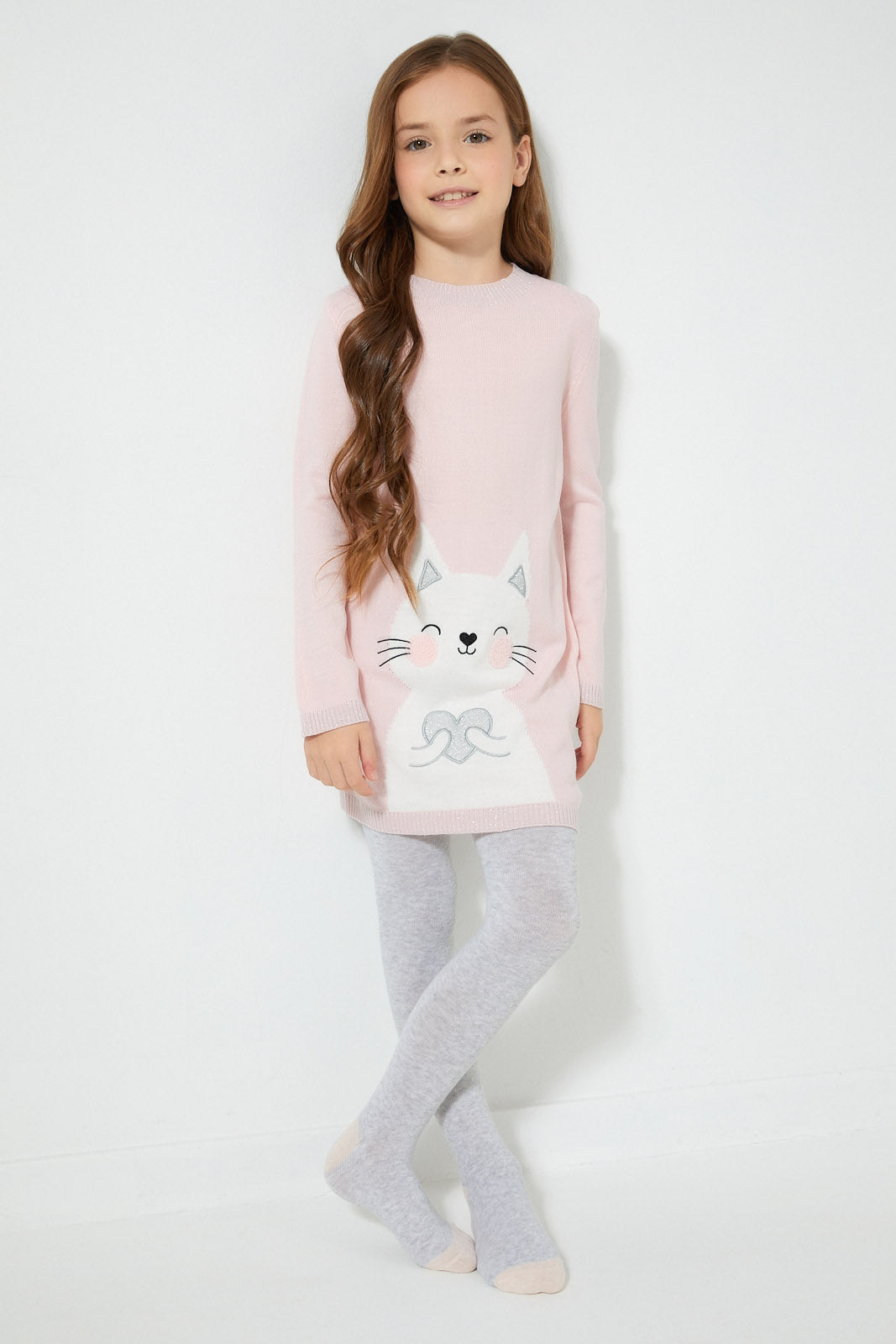 Redtag-Assorted-Cat-Embroidery-Sweater-Dress-Dresses-Girls-2 to 8 Years