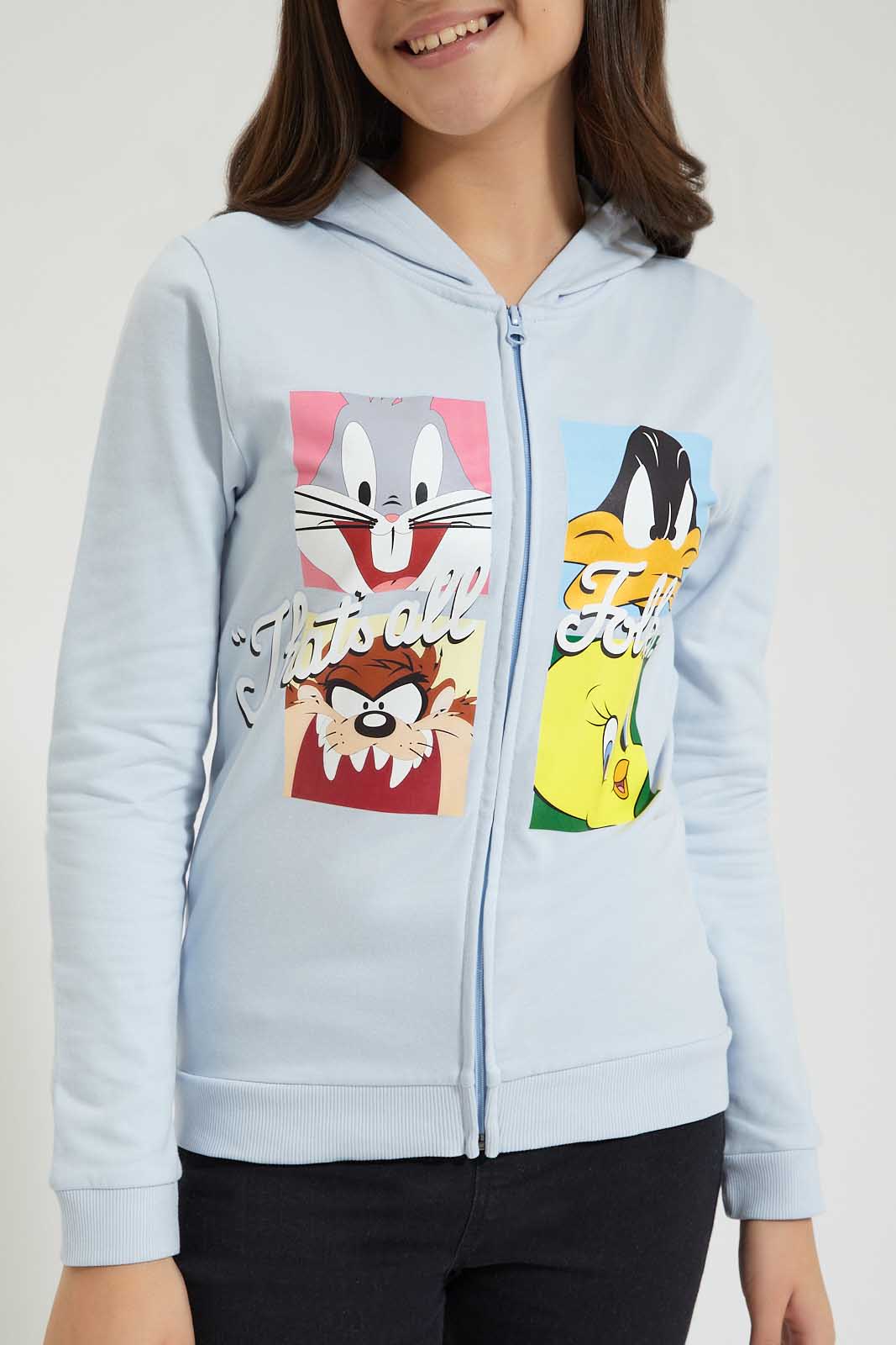 Redtag-Light-Blue-Chr-Looney-Tunes--Hooded-Zipthrough-Sweatshirt-Colour:Blue,-Filter:Senior-Girls-(9-to-14-Yrs),-GSR-Sweatshirts,-New-In,-New-In-GSR,-Non-Sale,-Section:Kidswear,-TBL,-W21B-Senior-Girls-9 to 14 Years