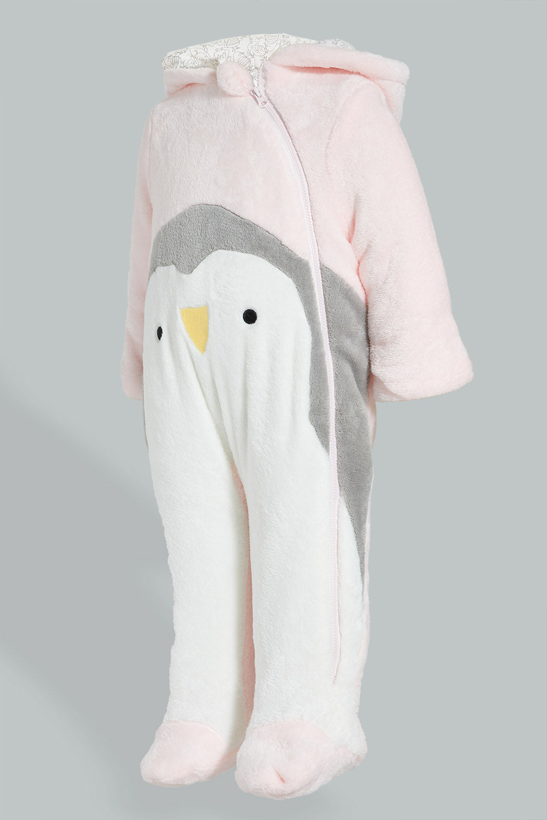Redtag-Pink-Penguin-Fluffy-Padded-Pram-Suit-Coats-Baby-0 to 12 Months