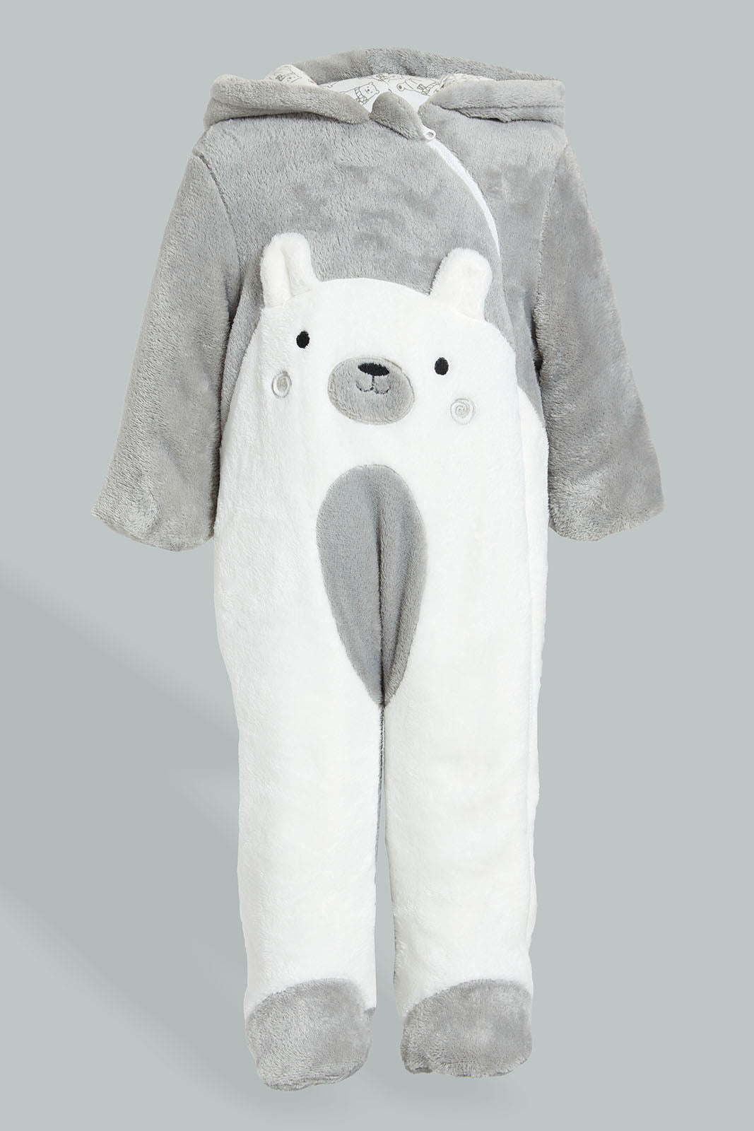 Redtag-Grey-Bear-Fluffy-Padded-Pram-Suit-Coats-Baby-0 to 12 Months