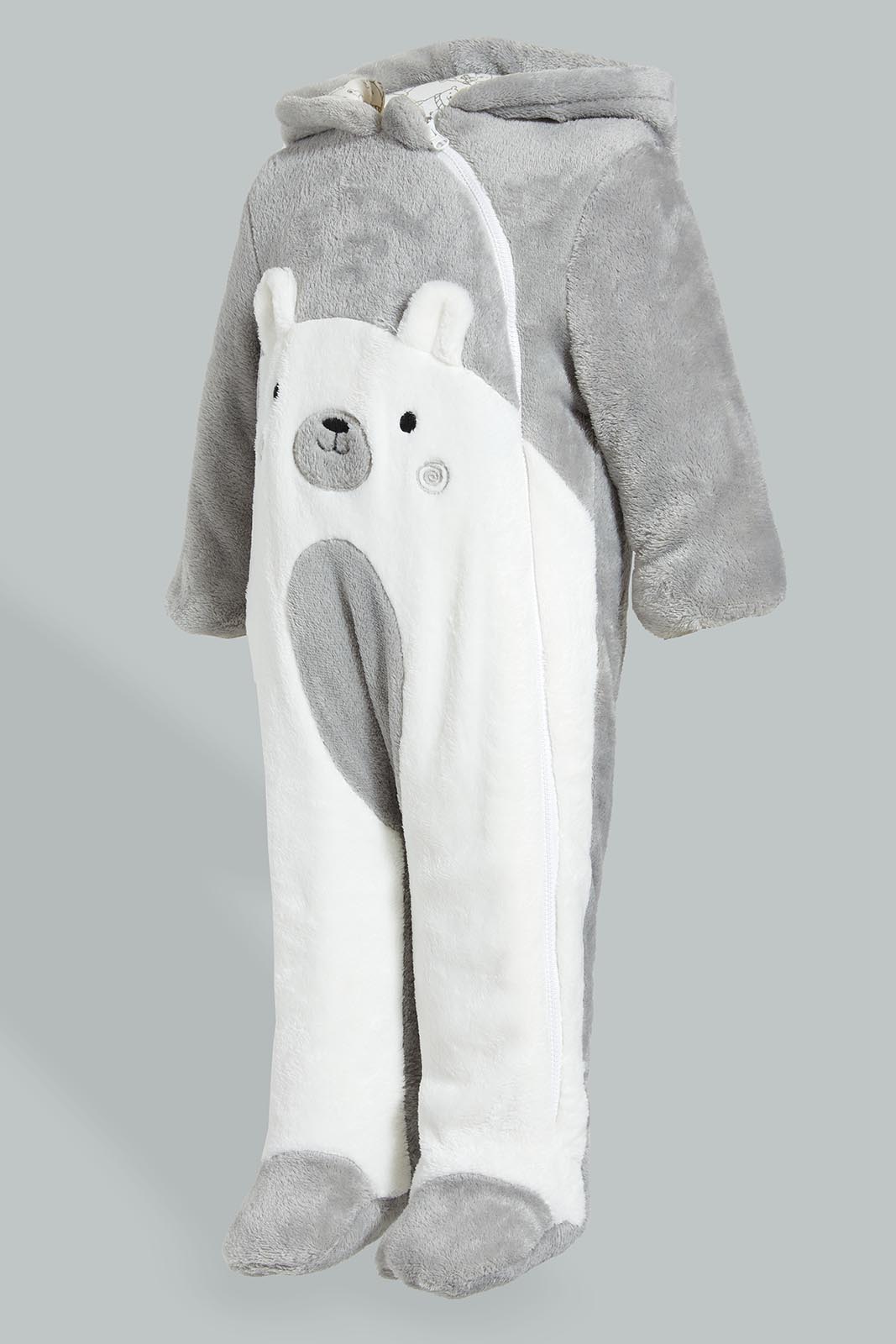 Redtag-Grey-Bear-Fluffy-Padded-Pram-Suit-Coats-Baby-0 to 12 Months