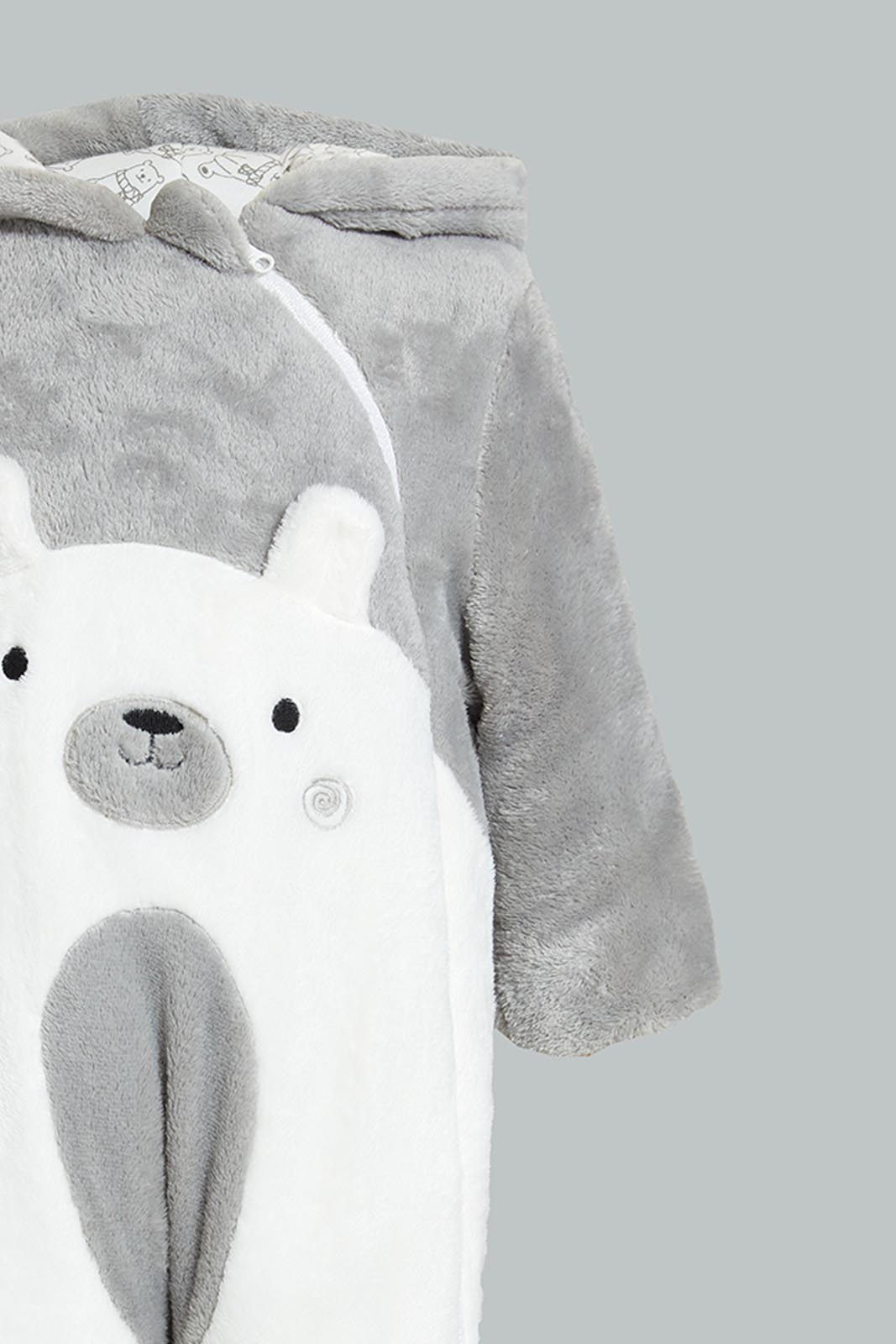 Redtag-Grey-Bear-Fluffy-Padded-Pram-Suit-Coats-Baby-0 to 12 Months