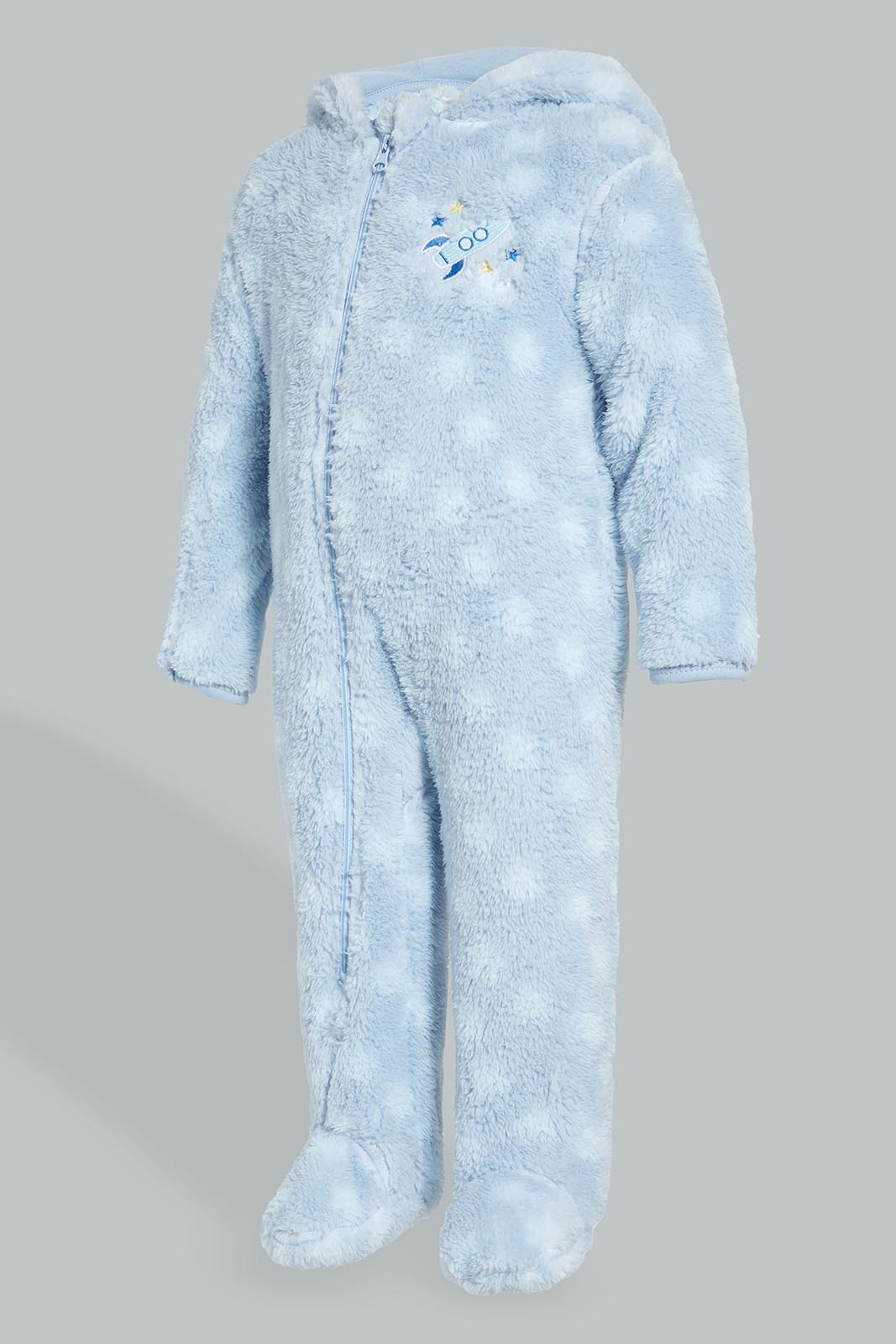 Redtag-Blue-Spaceship-Hooded-Fluffy-Coat-Coats-Baby-0 to 12 Months