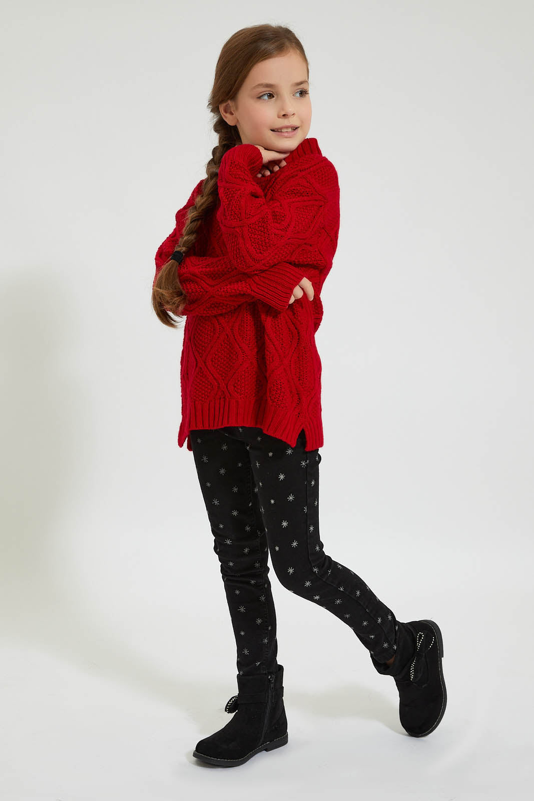 Redtag-Red-Turtle-Neck-Cardigan-Pullovers-Girls-2 to 8 Years