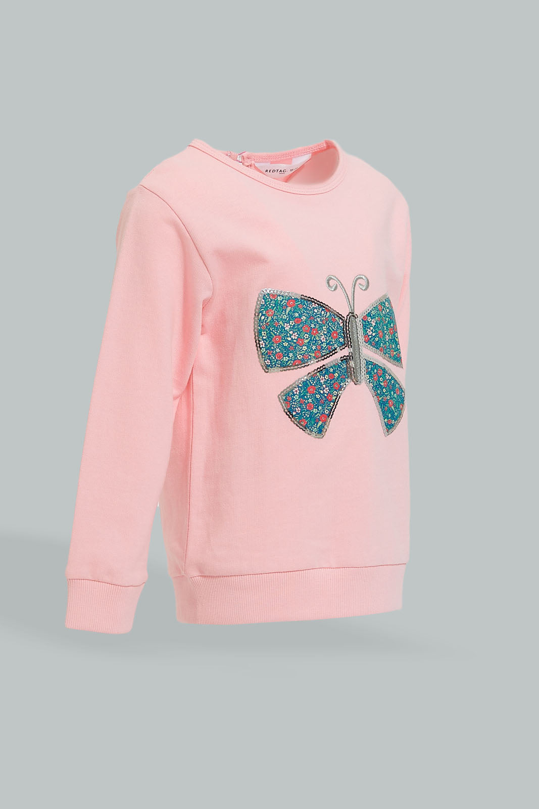 Redtag-Pink-Butterfly-Sweatshirt-With-Navy-Printed-Bottom-Jog-Sets-Infant-Girls-3 to 24 Months