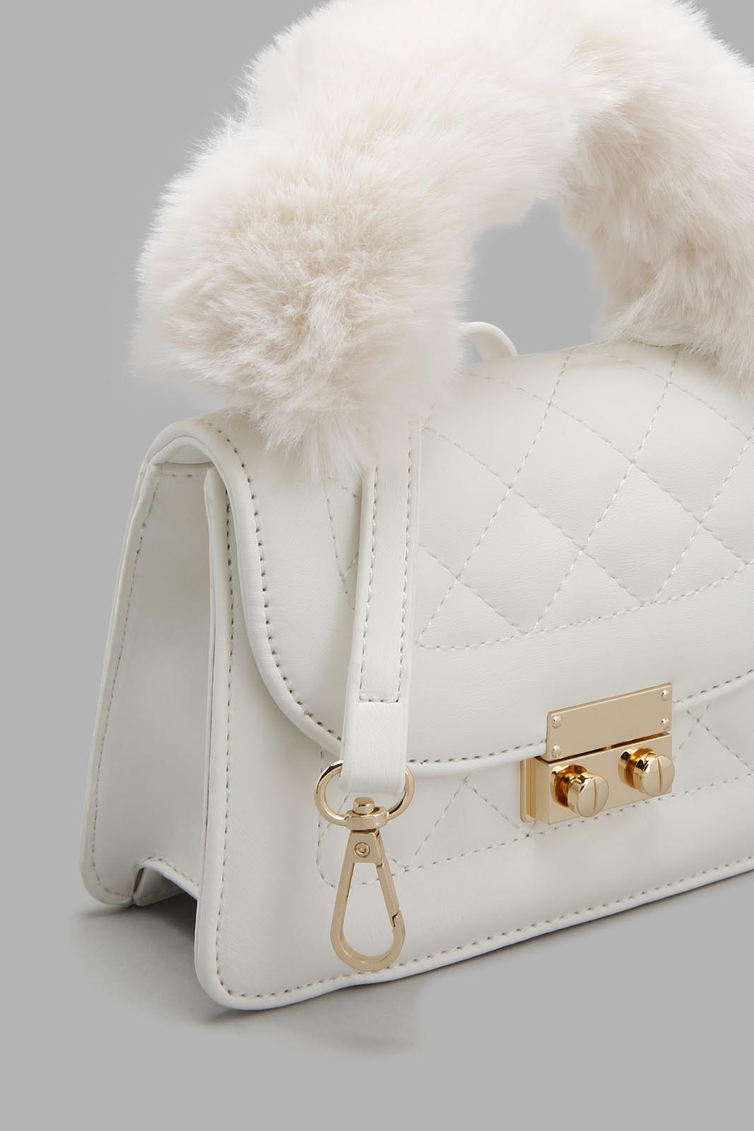 Redtag-White--Quilted--Fur-Embellished-Cross-Body-Bag-Colour:White,-Filter:Women's-Accessories,-New-In,-New-In-Women-ACC,-Non-Sale,-W21B,-Women-Handbags-Women-