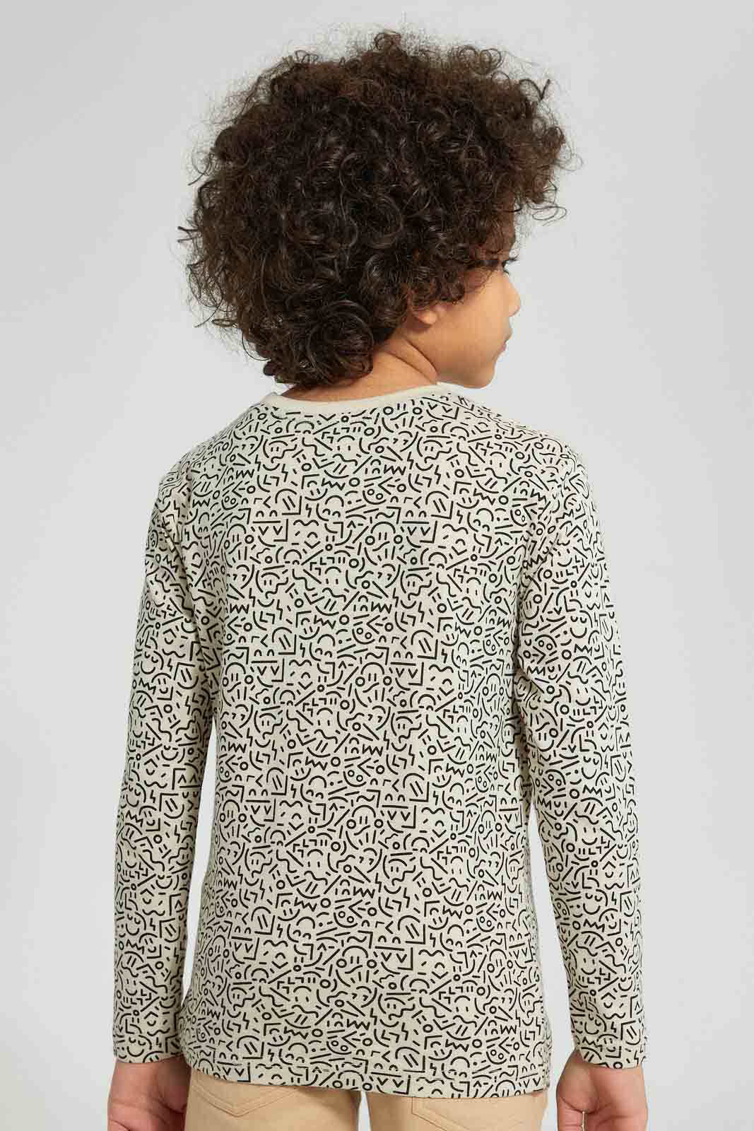 Redtag-Beige-Smile-Printed-T-Shirt-Long-Sleeves-Boys-2 to 8 Years