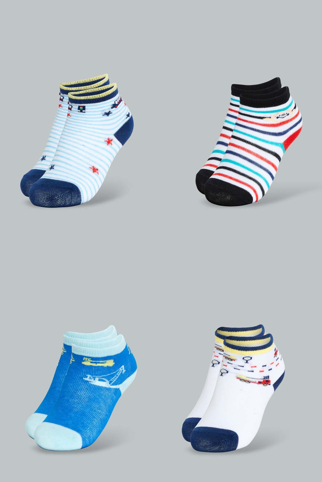 Redtag-4-Pcs-Assorted-Car-Ankle-Length-Socks-Ankle-Length-Infant-Boys-3 to 24 Months