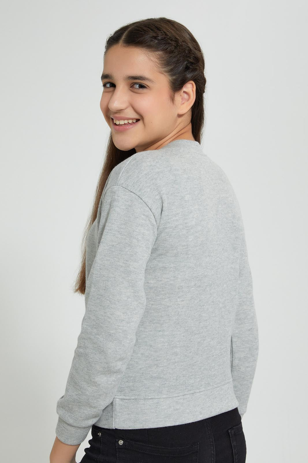 Redtag-Grey-Melange-Photographic-Highneck-Brushed-Sweatshirt-Sweatshirts-Senior-Girls-9 to 14 Years