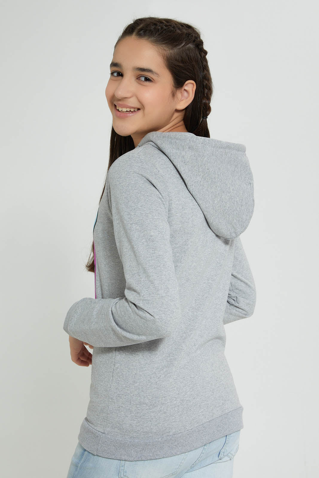 Redtag-Grey-Melange-Daisy-Duck-Hooded-Sweatshirt-Sweatshirts-Senior-Girls-9 to 14 Years