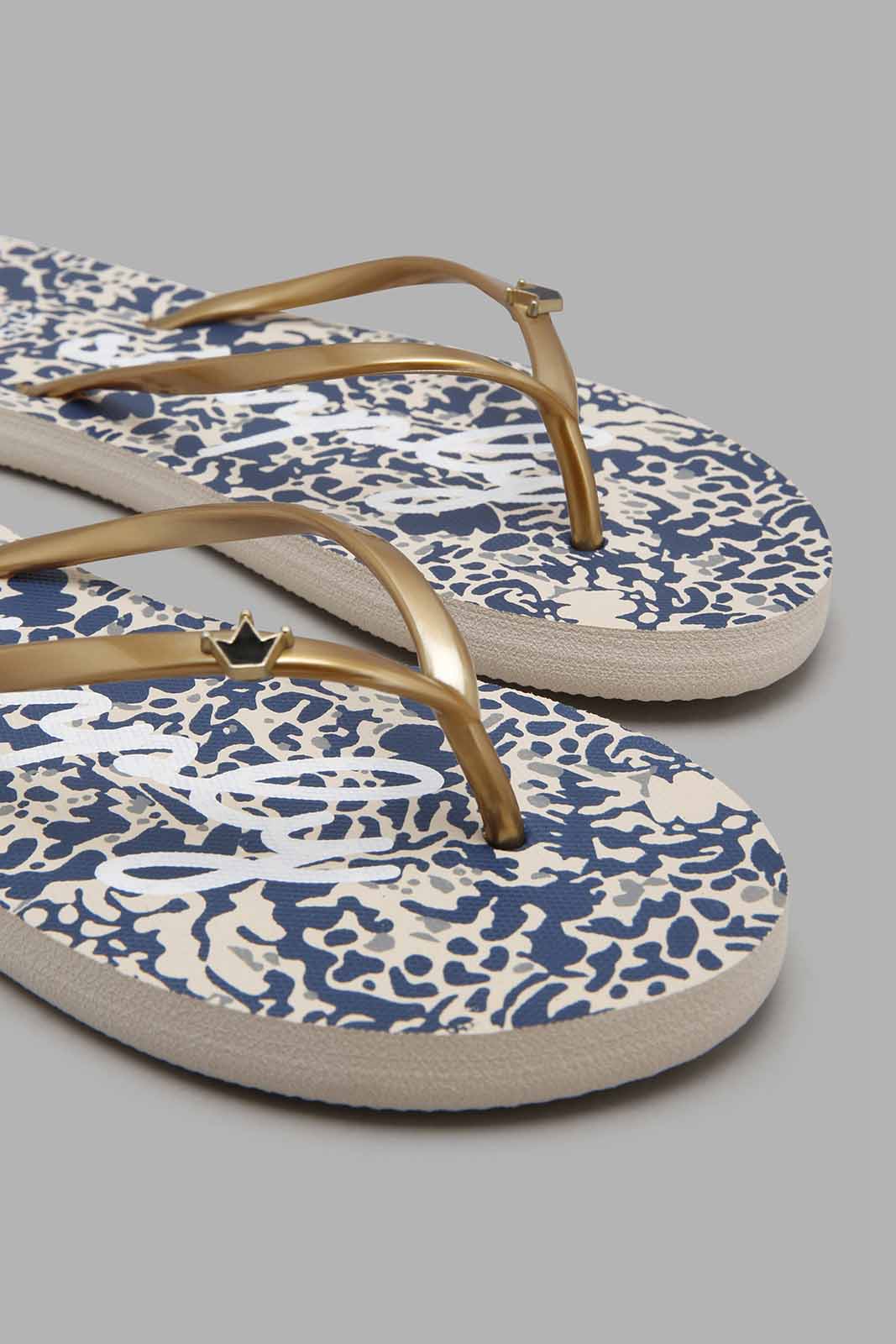 Redtag-Gold-Flip-Flop-With-Navy-Print-Sock-Character,-Colour:Gold,-Filter:Women's-Footwear,-New-In,-New-In-Women-FOO,-Non-Sale,-S22A,-Women-Flip-Flops-Women's-
