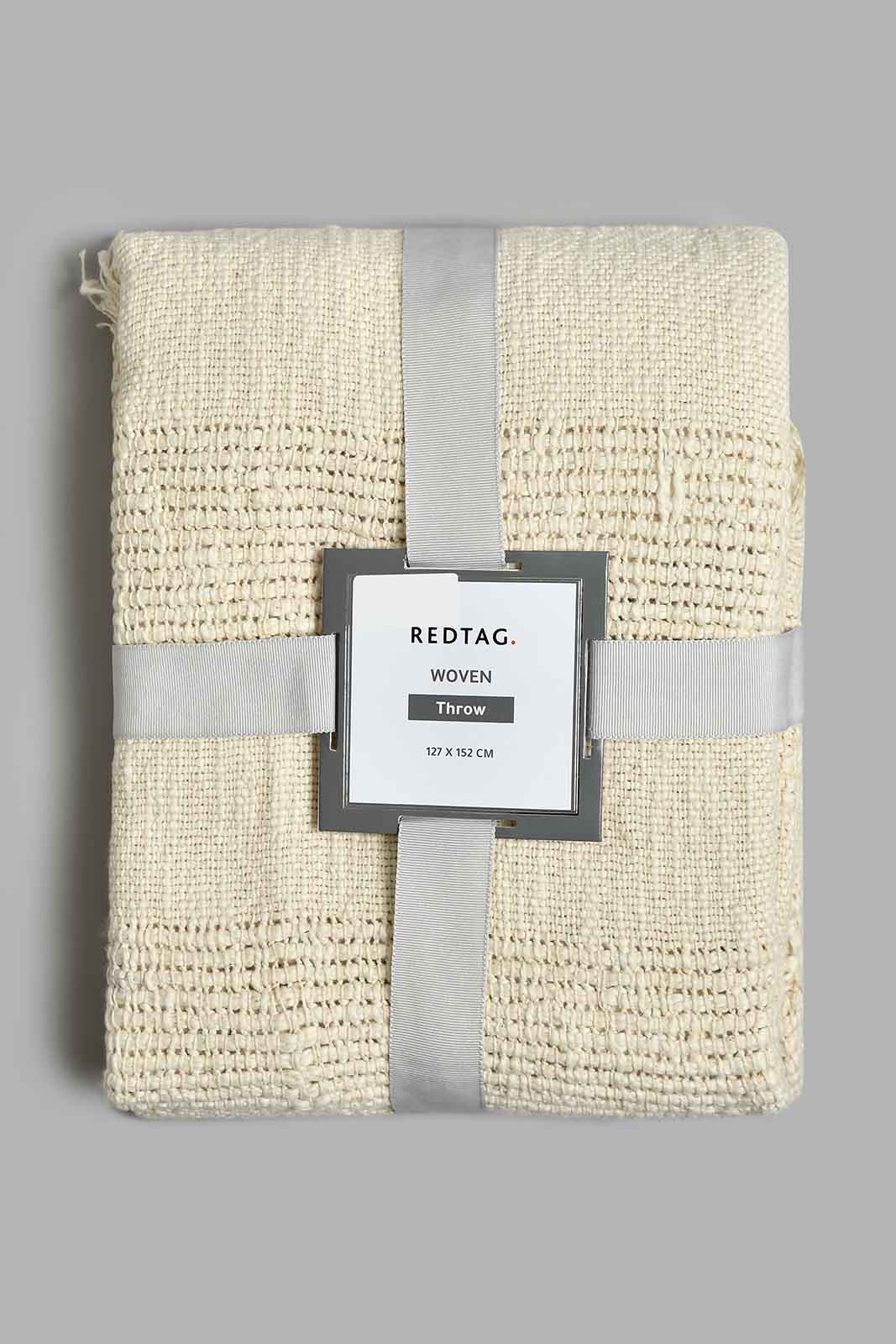 Redtag-Beige-Textured-Net-Stripe-Throw-With-Fringes-BED-PHANTASMAGORIA-3,-Colour:Beige,-Filter:Home-Bedroom,-HMW-BED-Throws,-New-In,-New-In-HMW-BED,-Non-Sale,-S22A,-Section:Homewares-Home-Bedroom-