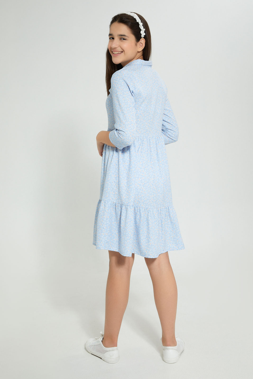 Redtag-Lt-Blue-Ditsy-Print-Shirt-Dress-Dresses-Senior-Girls-9 to 14 Years