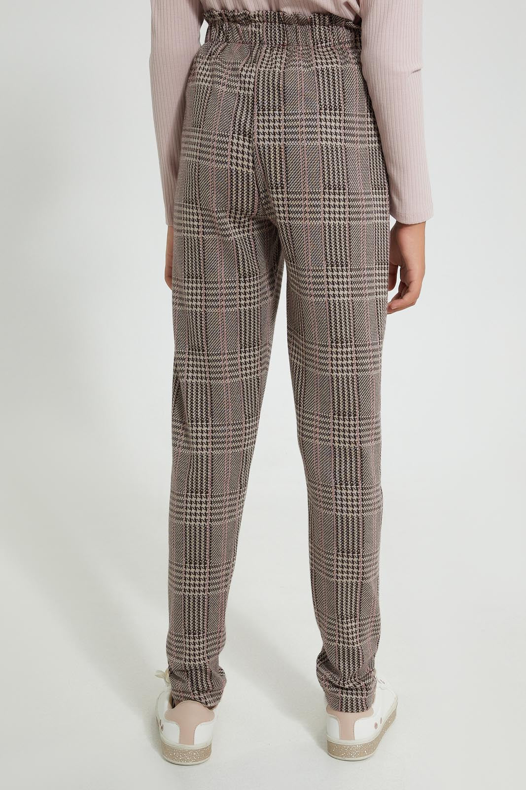 Redtag-Beige/Pink-Plaid-Trouser-Cargo-Pants-Senior-Girls-9 to 14 Years