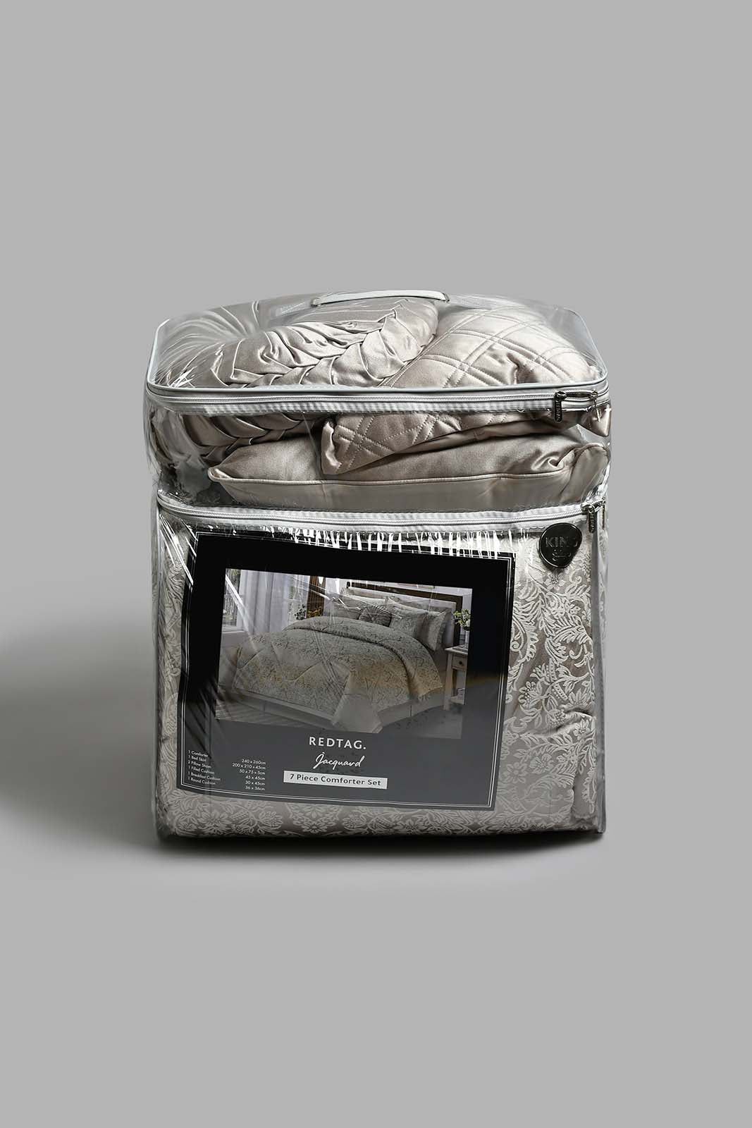 Redtag-Beige-Jacquard-7-Piece-Comforter-Set-(King-Size)-Comforters-Home-Bedroom-