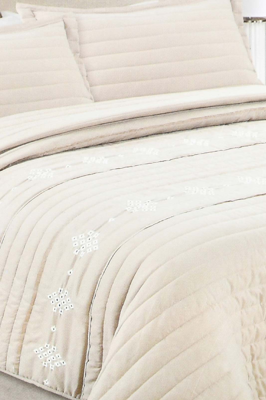 Redtag-Beige-Eyelet-Embroidered-3-Pieces-Bedspread-Set
-(Double-Size)-Category:Bedspreads,-Colour:Beige,-Filter:Home-Bedroom,-HMW-BED-Bedspreads,-MISTANA,-New-In,-New-In-HMW-BED,-Non-Sale,-S22A,-Section:Homewares-Home-Bedroom-