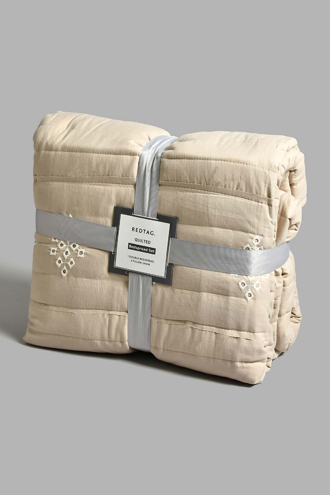 Redtag-Beige-Eyelet-Embroidered-3-Pieces-Bedspread-Set
-(Double-Size)-Category:Bedspreads,-Colour:Beige,-Filter:Home-Bedroom,-HMW-BED-Bedspreads,-MISTANA,-New-In,-New-In-HMW-BED,-Non-Sale,-S22A,-Section:Homewares-Home-Bedroom-
