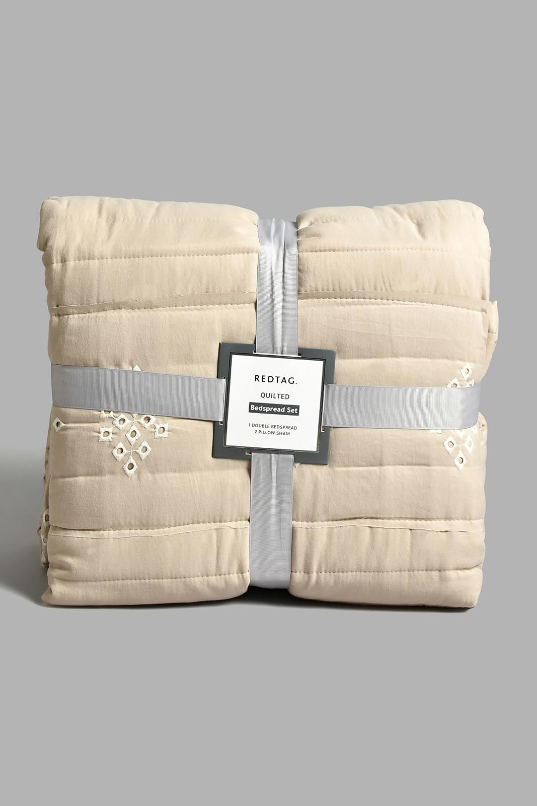 Redtag-Beige-Eyelet-Embroidered-3-Pieces-Bedspread-Set
-(Double-Size)-Category:Bedspreads,-Colour:Beige,-Filter:Home-Bedroom,-HMW-BED-Bedspreads,-MISTANA,-New-In,-New-In-HMW-BED,-Non-Sale,-S22A,-Section:Homewares-Home-Bedroom-