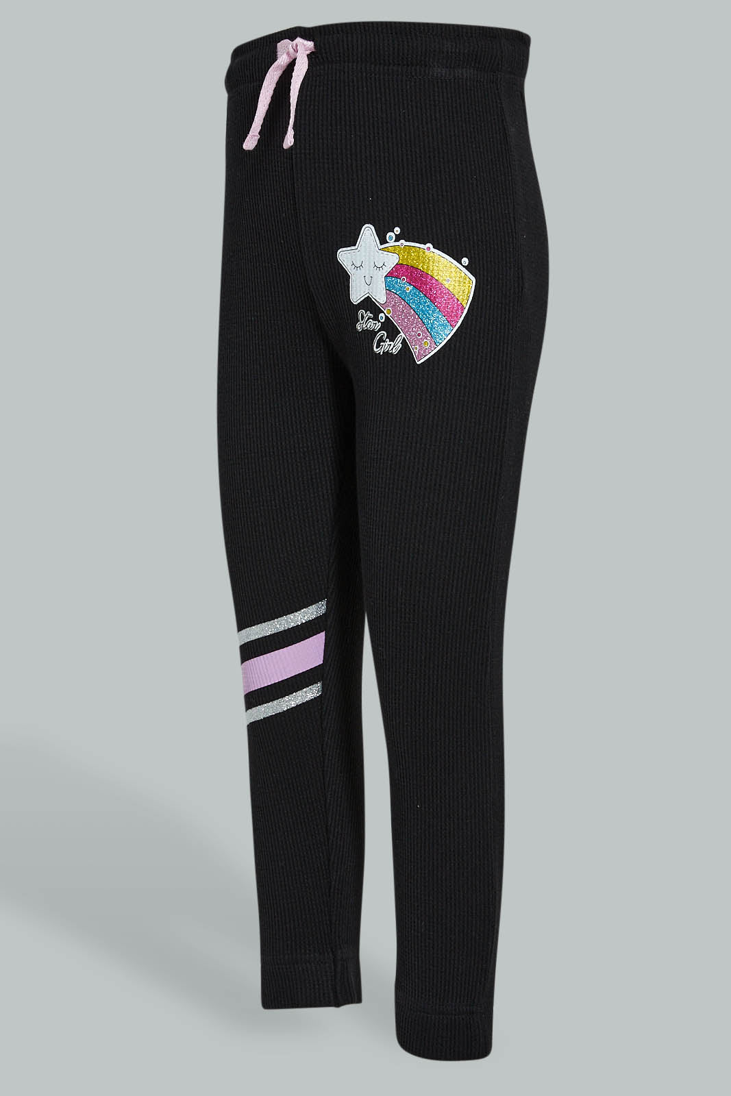 Redtag-Black-Slogan-Print-New-Knit-Fabric-Track-Joggers-Girls-2 to 8 Years