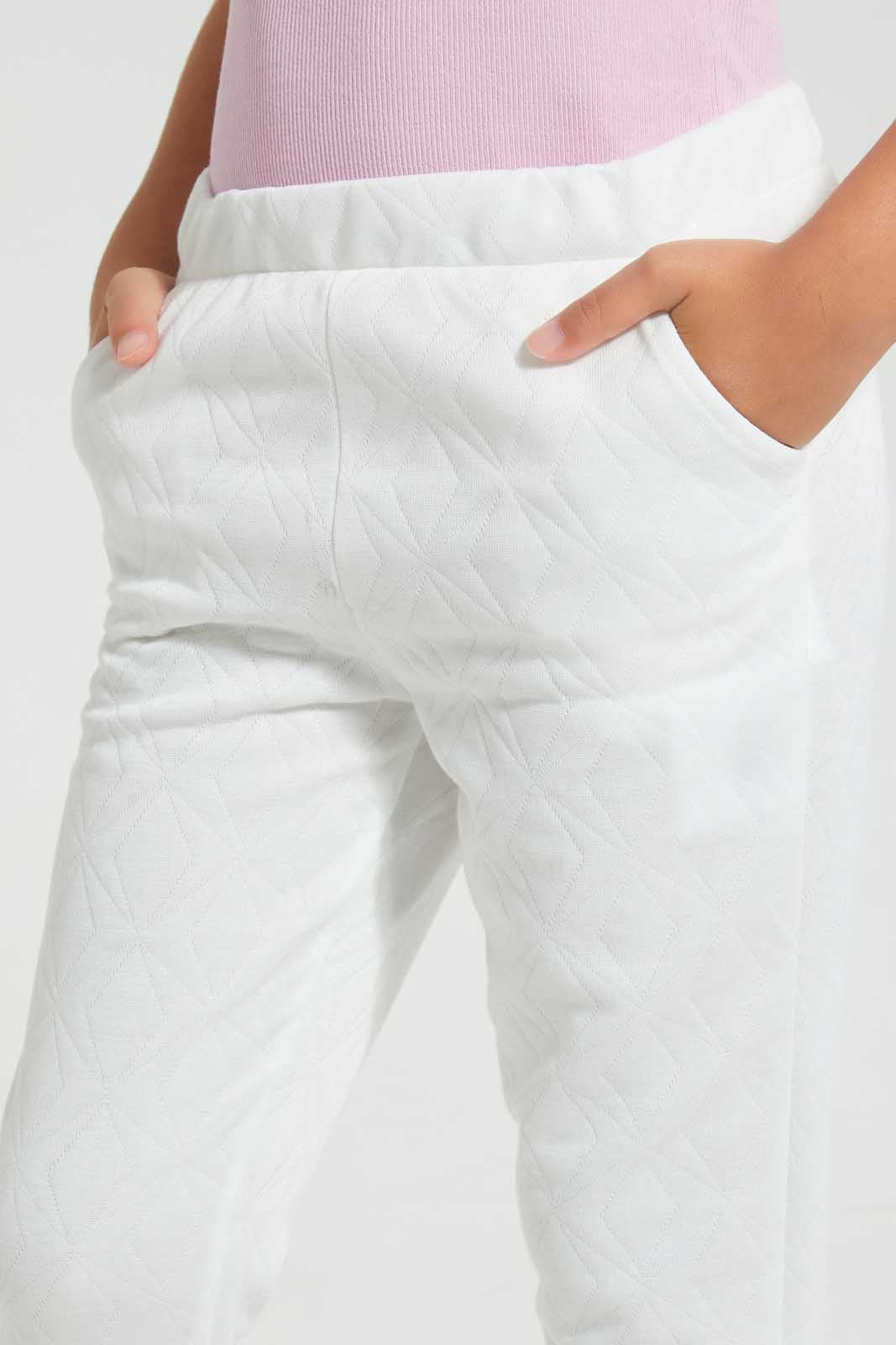 Redtag-Cream-Geometric-Jacquard-Track-Joggers-Girls-2 to 8 Years