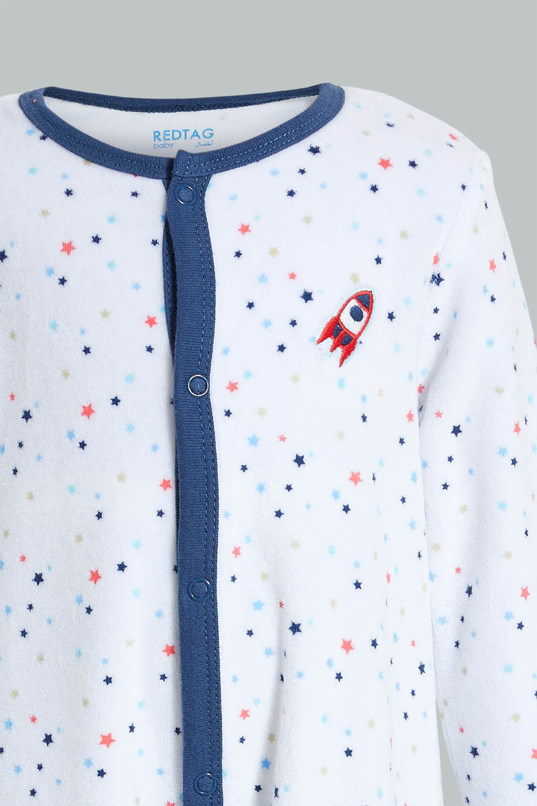 Redtag-White-And-Blue-Spaceship-Printed-Veloure-Sleepsuit-Sleepsuits-Baby-0 to 12 Months
