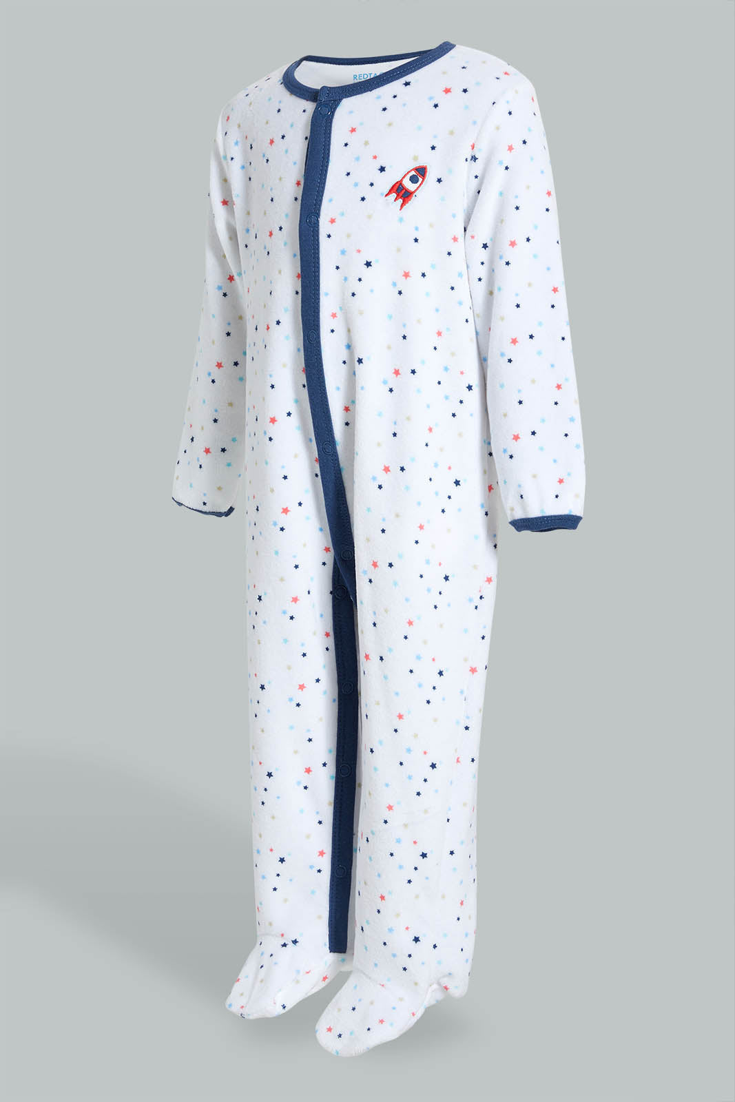 Redtag-White-And-Blue-Spaceship-Printed-Veloure-Sleepsuit-Sleepsuits-Baby-0 to 12 Months