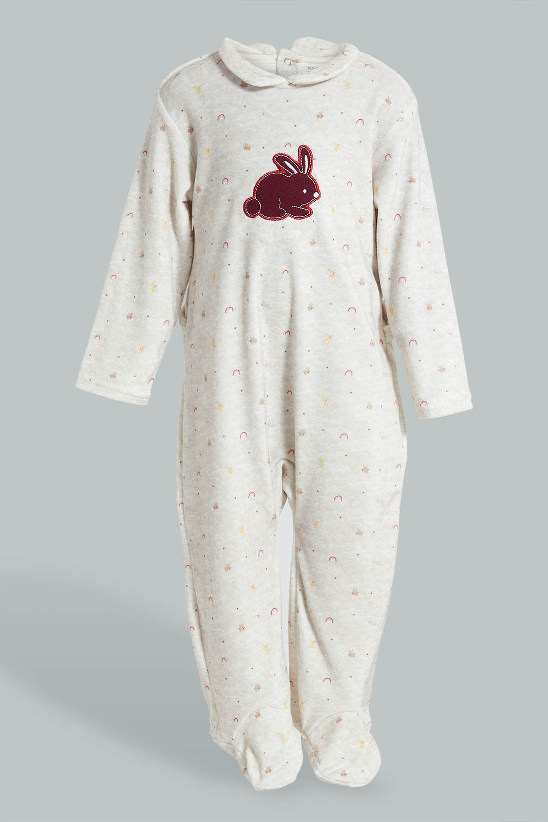 Redtag-Oatmeal-Printed-Bunny-Veloure-Sleepsuit-Rompers-Baby-0 to 12 Months