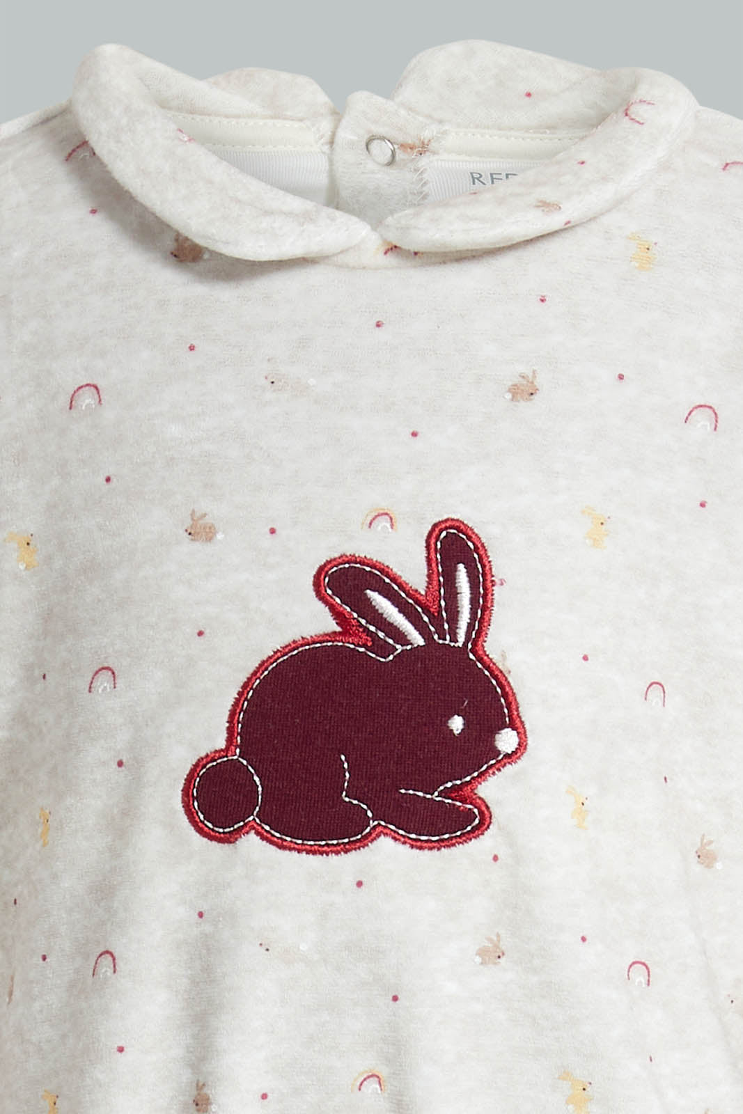 Redtag-Oatmeal-Printed-Bunny-Veloure-Sleepsuit-Rompers-Baby-0 to 12 Months