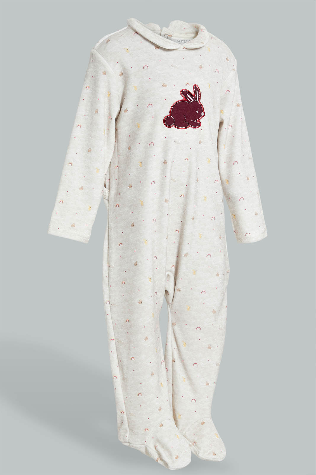 Redtag-Oatmeal-Printed-Bunny-Veloure-Sleepsuit-Rompers-Baby-0 to 12 Months