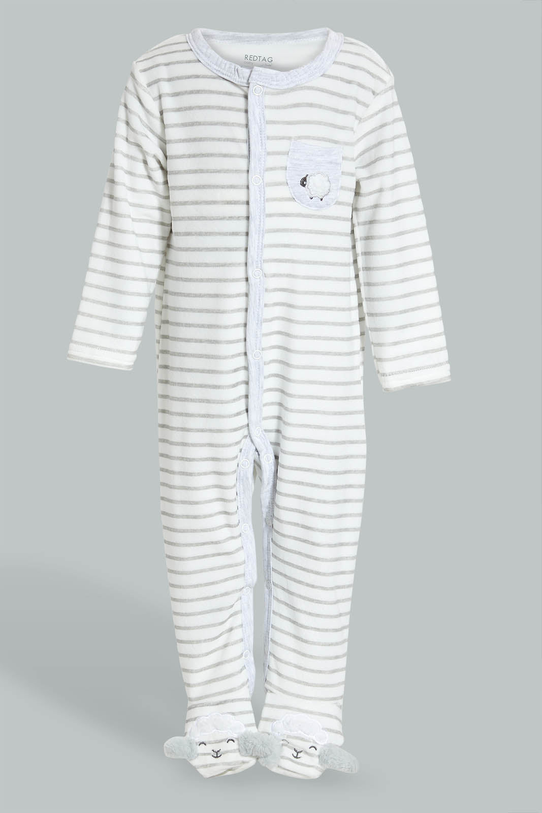 Redtag-Grey/White-Stripes-Sheep-Feet-Sleepsuit-Rompers-Baby-0 to 12 Months