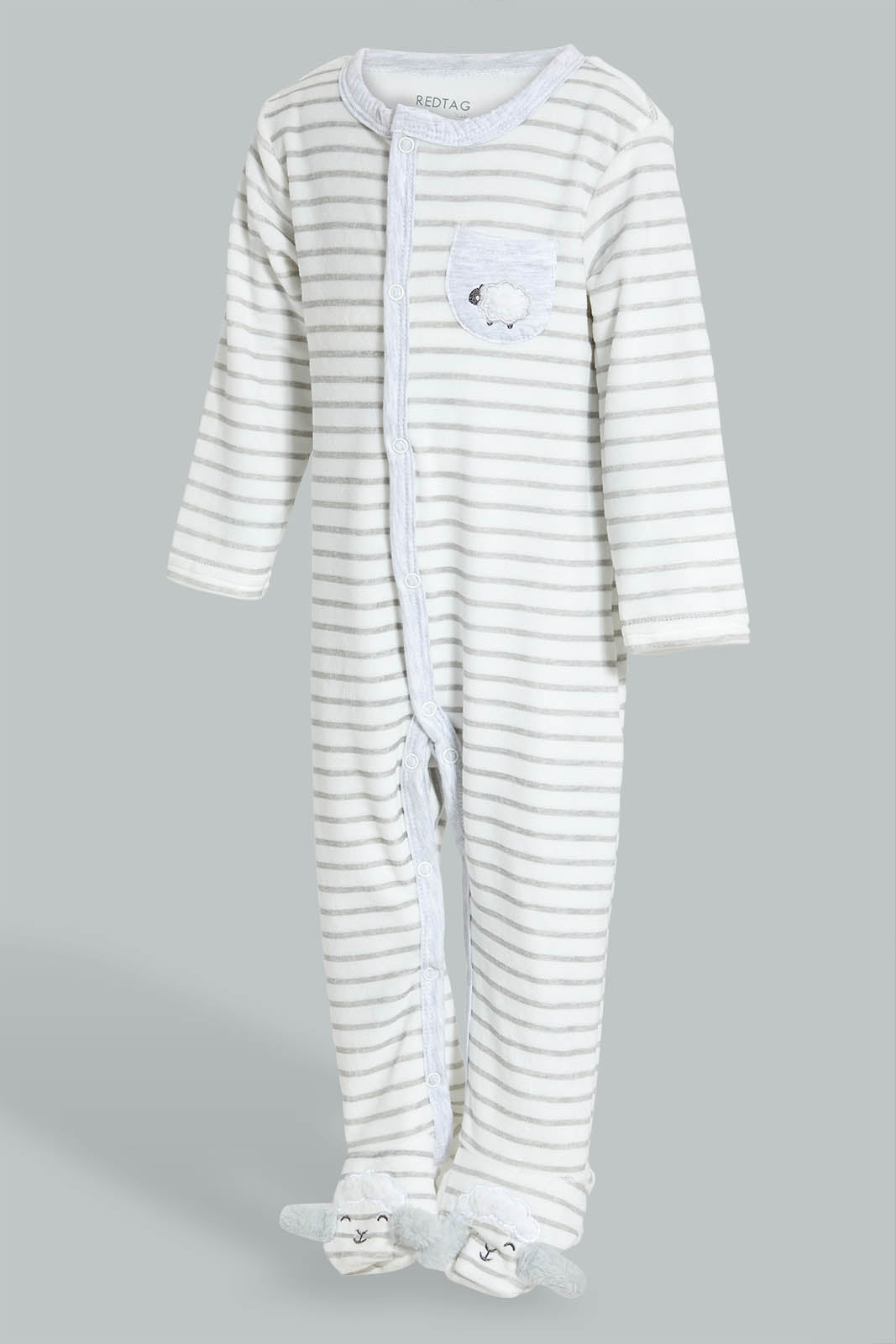 Redtag-Grey/White-Stripes-Sheep-Feet-Sleepsuit-Rompers-Baby-0 to 12 Months