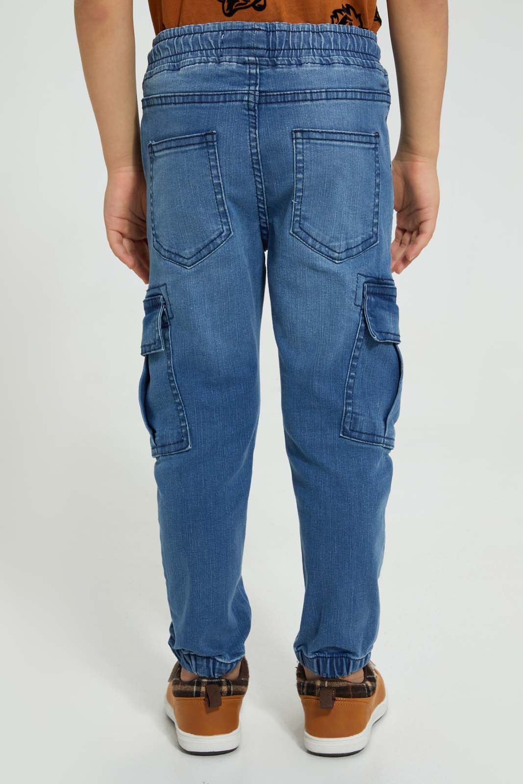 Redtag-Mid-Wash-Cargo-Stretch-Denim-Jogger-Jeans-Pull-On-Boys-2 to 8 Years