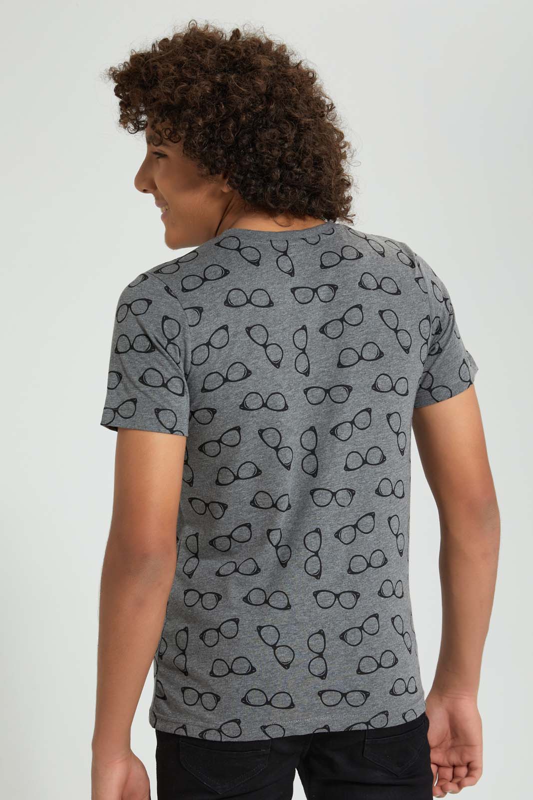Redtag-Charcoal-Glasses-Allover-Print-T-Shirt-All-Over-Prints-Senior-Boys-9 to 14 Years