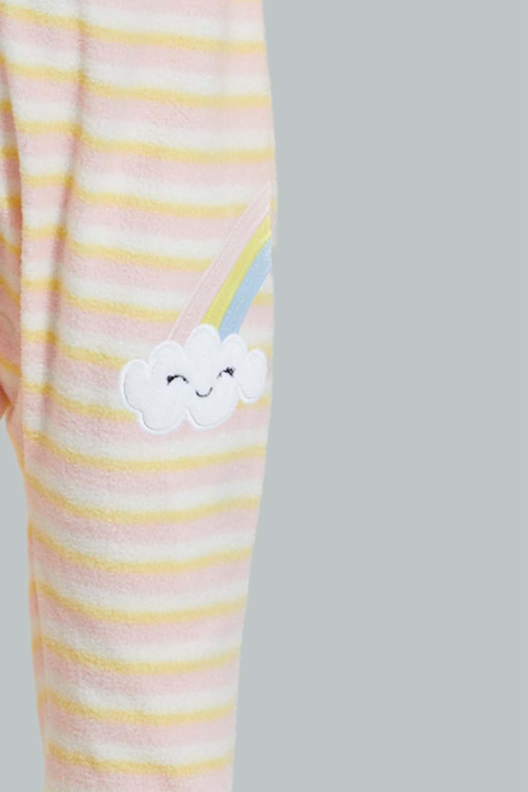 Redtag-Yellow-And-Pink-Stripe-Fleece-Romper-Rompers-Baby-0 to 12 Months