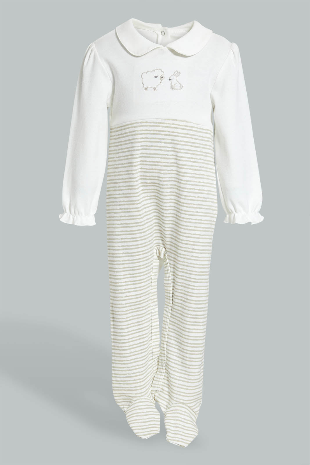 Redtag-White-And-Beige--Stripe-Sleepsuit-With-Peterpan-Collar-Sleepsuits-Baby-0 to 12 Months