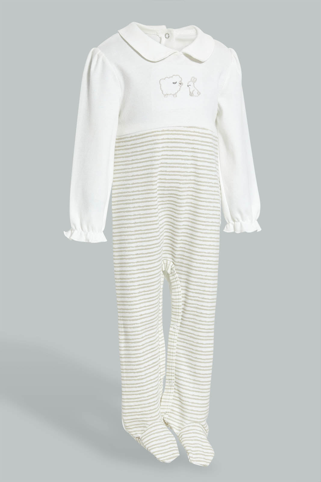 Redtag-White-And-Beige--Stripe-Sleepsuit-With-Peterpan-Collar-Sleepsuits-Baby-0 to 12 Months